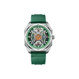 Серебряная оболочка, белая поверхность, зеленый ремешок