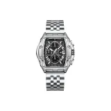 Серебряный корпус с черным циферблатом, серебряный стальной браслет.