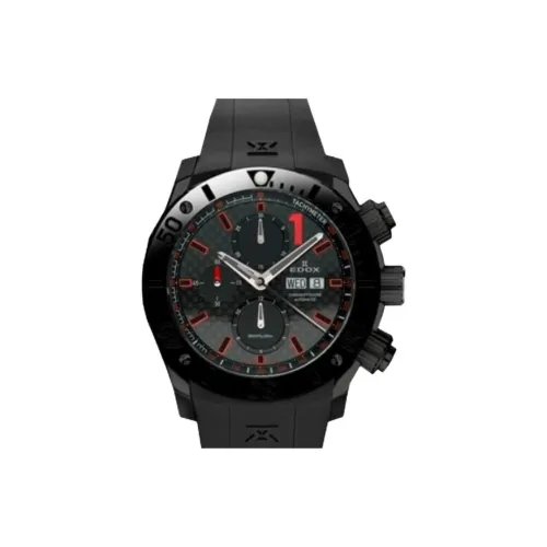 EDOX Автоматический Механический Часы Мужские Циферблат 45 мм Черный корпус Нержавеющая сталь Резиновый ремешок