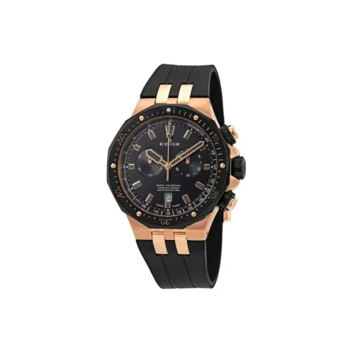 EDOX Кварцевый механизм Мужские часы Часы 43 мм Черный циферблат Нержавеющая сталь PVD покрытие Корпус часов Резиновый ремешок