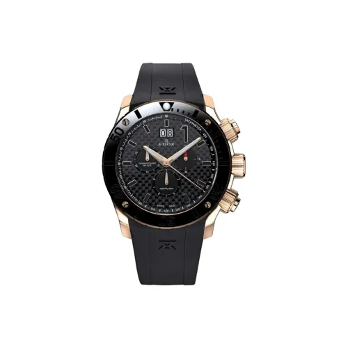 EDOX Кварцевый механизм Мужские часы Часы 45 мм Черный циферблат Нержавеющая сталь PVD покрытие Нержавеющий стальной корпус Резиновый ремешок