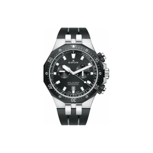 EDOX Кварцевый механизм Унисекс Часы 43 мм Черный циферблат Корпус из нержавеющей стали Резиновый ремешок