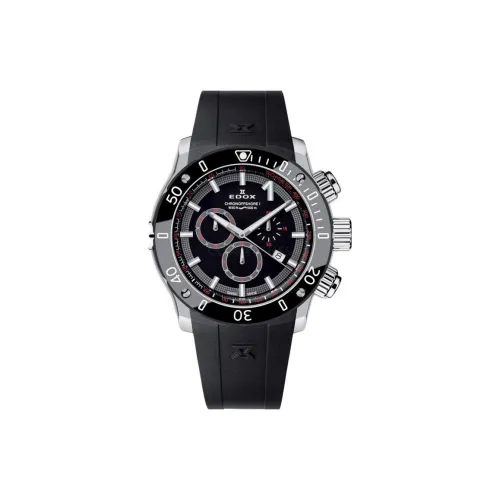 EDOX Кварцевый механизм Мужские часы Часы 45 мм Черный циферблат Корпус из нержавеющей стали Резиновый ремешок