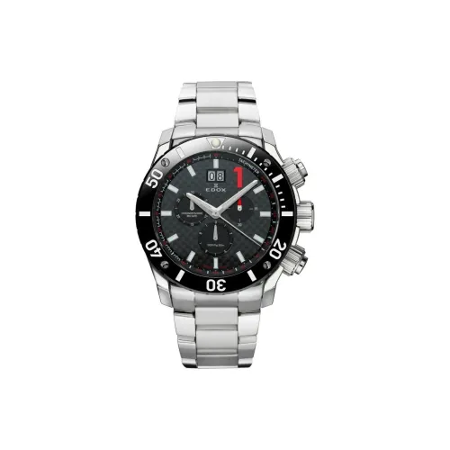 EDOX Кварцевый механизм Мужские часы Часы 45 мм Черный циферблат Стальной корпус Стальной ремешок