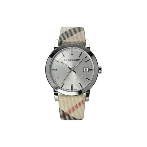 Burberry Женские часы Кварцевый механизм Кожа и тканевый ремешок 38 мм Серебристый циферблат