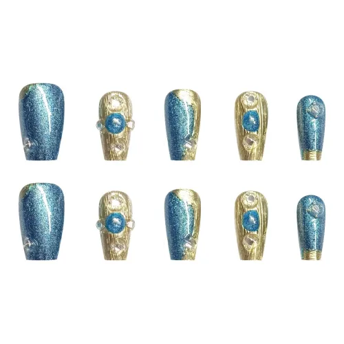 QISHINJU BUCCELLATI Синий Кошачий глаз False Nail Средний LADDER Мелкие блестки Стиль Инстаграм 10 шт 20,5 мм