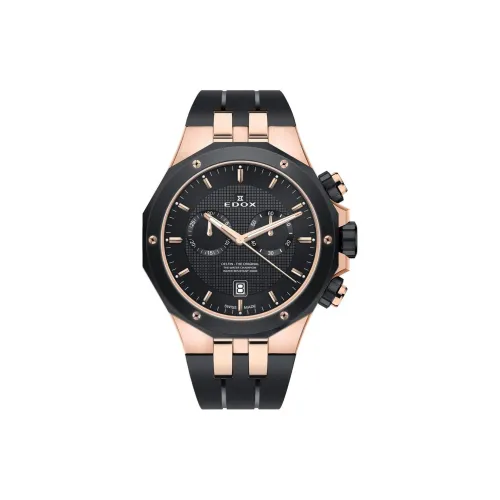 EDOX Кварцевый механизм Мужские часы Часы 43 мм Черный циферблат Нержавеющая сталь PVD покрытие Нержавеющий стальной корпус Резиновый ремешок