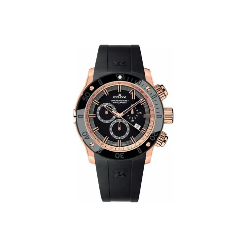 EDOX Кварцевый механизм Мужские часы Часы 45 мм Черный циферблат Нержавеющая сталь PVD покрытие Нержавеющий стальной корпус Резиновый ремешок