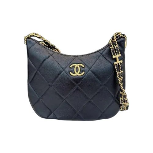 CHANEL Черный Золотой Гладкая Коровья Кожа Сумка-Хобо Хиппи Сумка Сумка Сумка через плечо Женская Черная