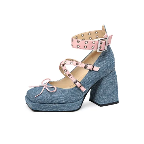 Lily Wei Синий Снег Thought Грубый каблук Туфли Мэри Джейн Женские Джинсовый синий