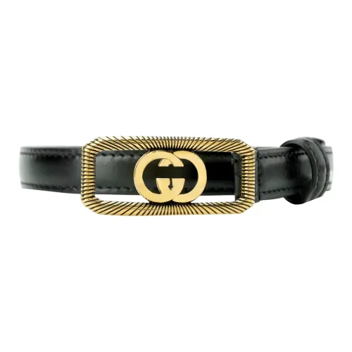 GUCCI Блокировка с замком Double G Узкая версия Smooth Clasp Кожаные ремни Женские Черный Ширина 1,5 см
