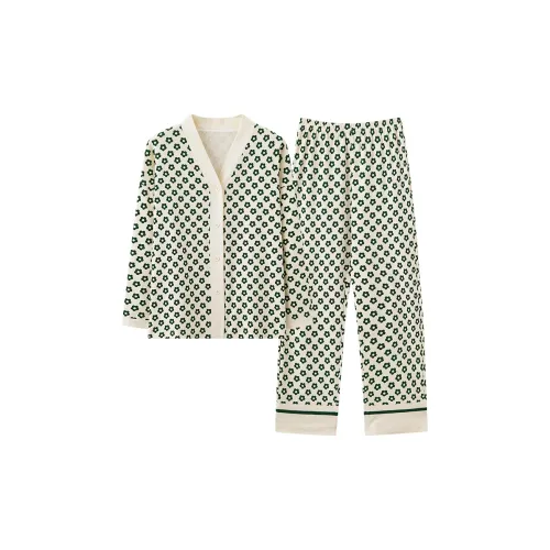 CAIHENGTONG Пижамный комплект женский полный с маленьким зеленым цветочным узором