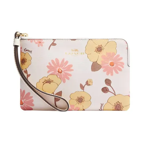 COACH Corner Zip Холст с кожей Маленькая сумка Холст с кожей Клатч Маленький Женская Белая