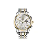 Стальной ремешок с белым циферблатом.