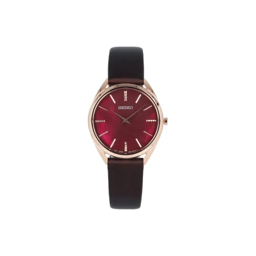 SEIKO Кварцевый механизм кожаный ремешок часы 32 мм женские красный циферблат модель SWR082P