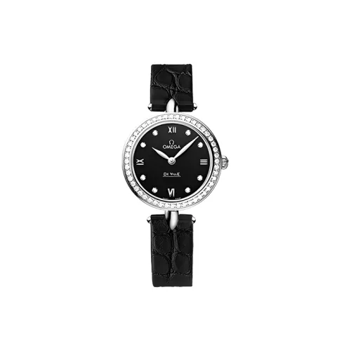 OMEGA Elegant Saucer Series Кварцевый механизм Женские часы 27,4 мм Черный циферблат Корпус из нержавеющей стали Кожаный ремешок