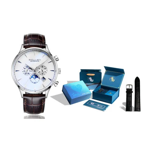 SOLLEN Мужские часы Механический механизм Натуральная кожа Ремень Часы Мужские Белый циферблат