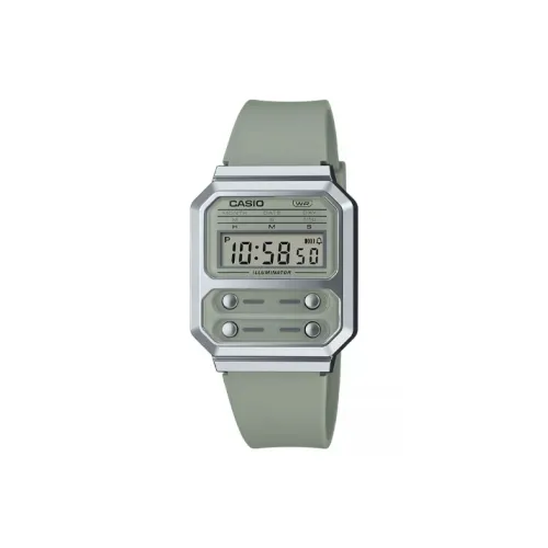 CASIO Кварцевый механизм Смольный ремешок Часы унисекс Зеленый циферблат Модель A100WEF 3A