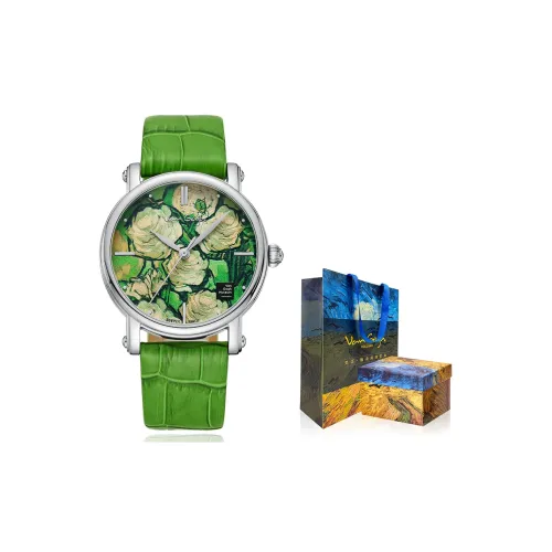 VAN GOGH Кварцевые наручные часы механизм ремень из натуральной кожи 35 мм зеленый циферблат женские часы