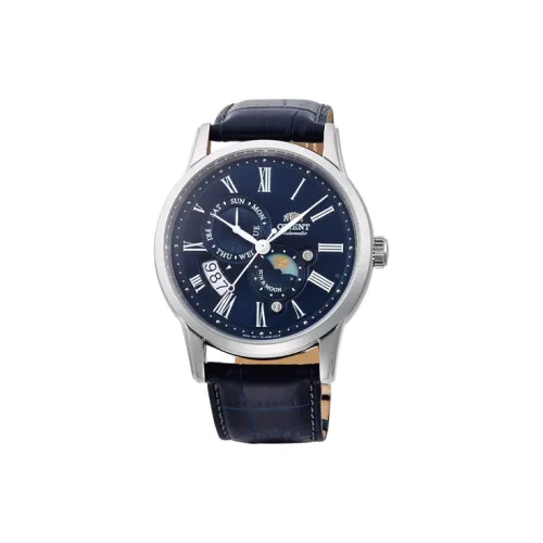 ORIENT Автоматический Механический Механизм Кожаный Ремешок Часы Мужские Синий Циферблат RN AK0004L