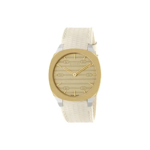 GUCCI 25H Наручные часы Кварцевый механизм Кожаный ремешок 34 мм Золотой циферблат Женские часы