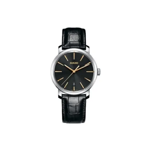 RADO Кварцевый механизм Мужские часы Часы 40 мм Черный циферблат Корпус из нержавеющей стали Кожаный ремешок