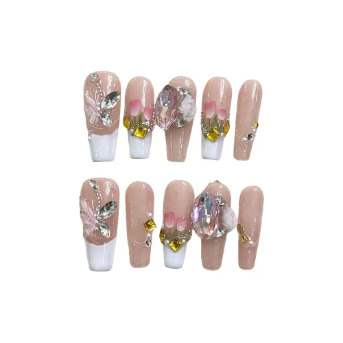 XIAMEIYU Ручной работы Французский Лаки с Полным Ромбом Осветляющий Фальшивые Ногти MID Длина Розовый Смудж 28 мм