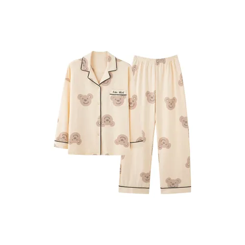 Montagut Pajama Комплект Осенний Зимний Женский 2 Штуки Бежевый Желтый