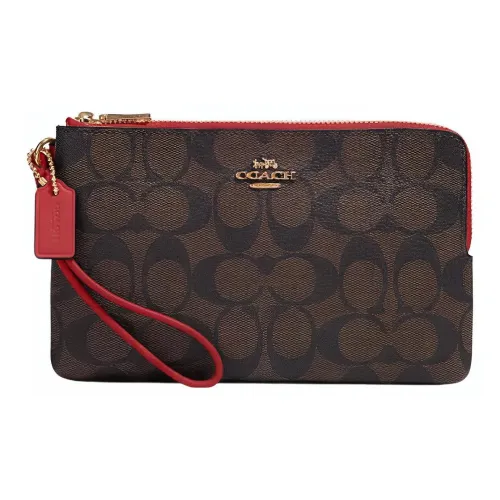 COACH Double Zip Wallet Холст Клатч Кошелек Маленький Женский Коричневый и Красный