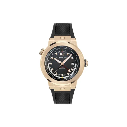 FERRAGAMO F 80 GMT WORLDTIME Мужские наручные часы Кварцевый механизм ПУ (полиуретан) Ремешок 43 Черный циферблат