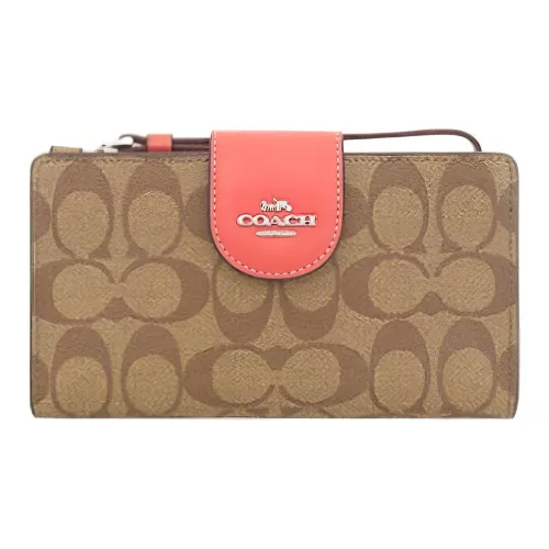 COACH Tech Wallet Холст с кожей Клатч Кошелек Женские Коричневый Апельсин