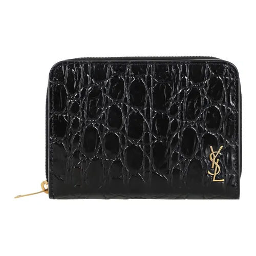 SAINT LAURENT Блестящий коровья кожа укороченный молния кошелек маленький женский черный