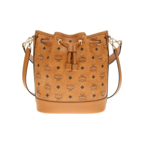 MCM Покрытый холст с кожаными вставками ведрообразная сумка портативная сумка через плечо женская сумка коньячного цвета
