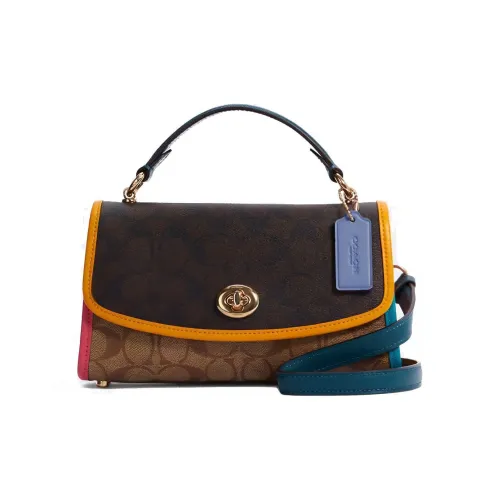 COACH Tilly Кожа Сумка Сумка через плечо Сумка через плечо Маленькая Женская Желтая Синяя Розовая и Коричневая с монограммой