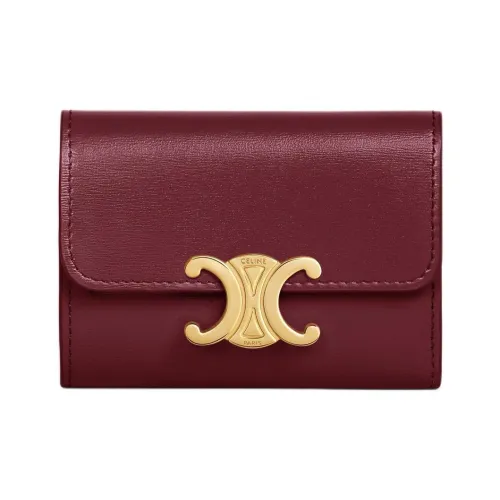 CELINE Triomphe Блестящий Корова Кожа Монета Кошелек Кошелек Мини Женский Светлый Бордовый