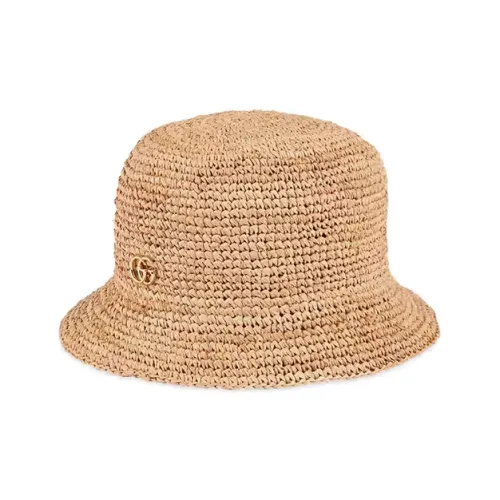 GUCCI Raffia Straw Cotton Bucket Hats Women's Beige