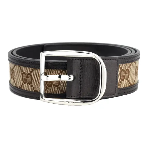 GUCCI Double G Коричневый Холст Лошадиная Обувь Mouth Шпилька Кожаные Ремни Мужской Коричневый Ширина 4CM