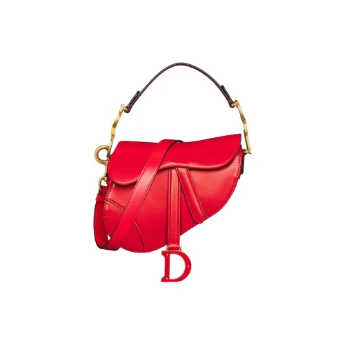 DIOR Седло Гладкая Телячья Кожа Седло Сумка Сумка через плечо Сумка Мини Женская Ярко-Красная