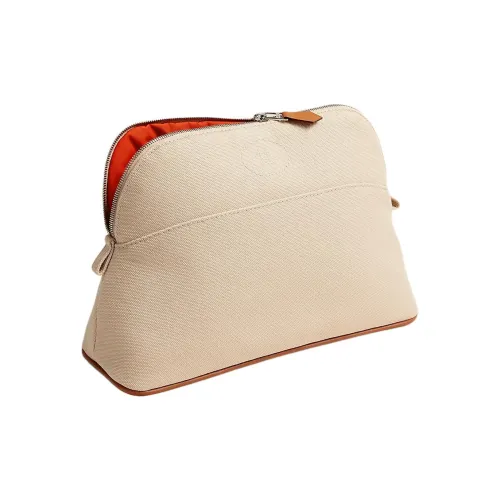 HERMES Bolide Хлопок с Овечья шкура Bowling Сумки Обметка Makeup Bag Мешок для хранения Мини Women's White