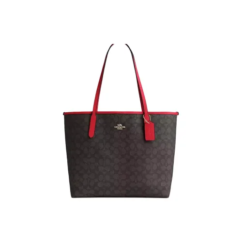 COACH Городская Сумка Tote из Покрытого Холста Сумка для покупок Сумка Большая Женская Красный и Кофейный