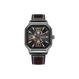 Черный корпус с черным циферблатом, розовый шип, кожаный ремешок [апельсиновая октагональная коробка]