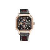 Розовый корпус, черный циферблат, розовая булавка, кожаный ремешок, апельсиновая восьмиугольная коробка