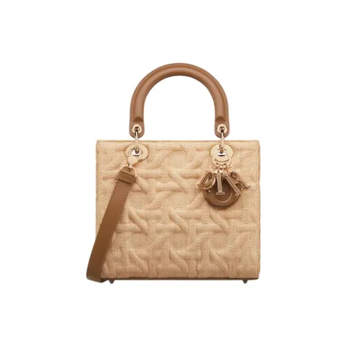 DIOR Lady Dior Телячья кожа Сумка Lady Dior Сумка через плечо Сумка среднего размера Женская Бежевая