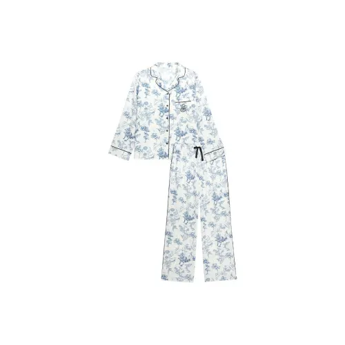 Victoria's Secret Pajama Комплект Утонченный С принтом шелковистый дружественный к коже элегантный синий женский