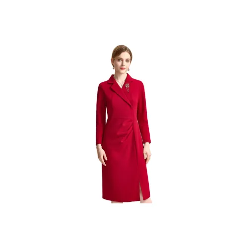 FENHONGMALI Red Женские Длинные Рукава Платья
