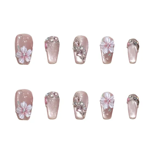 XIAMEIYU Dreamy Bloom Ultra Shiny Handcrafted Fairy HAND DRAWN False Nail Short Square And Round 18mm