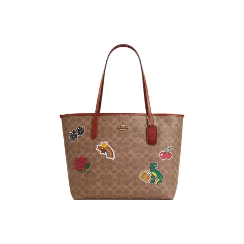 COACH Городская Сумка Tote из Покрытого Холста Сумка для покупок Сумка через плечо Женская Коричневый и Многоцветный