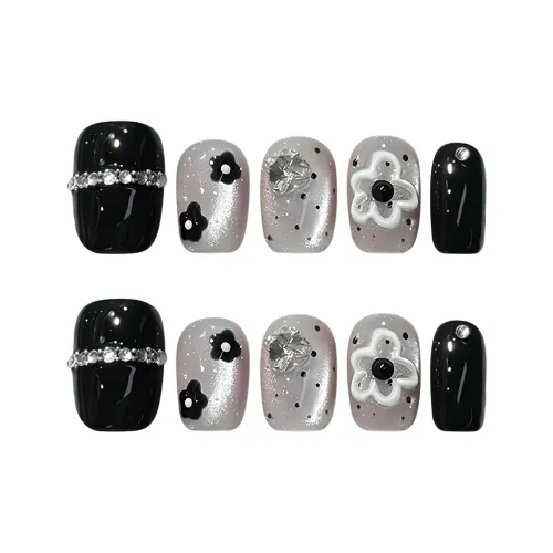 Yun Yue Joe New Arrival Осветляющий Cute Кошачий глаз Black Small Flower Черный Серебристый False Nail Короткий LADDER 15mm