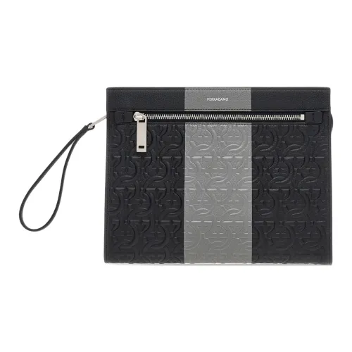 FERRAGAMO GANCINI Тисненая Телячья Кожа Клатч Мужской Черный и Серый