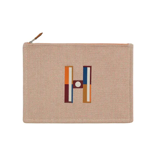 HERMES Хлопок Хранение Сумка Клатч Большой Женский Оранжевый и Светло-Серый Умбра